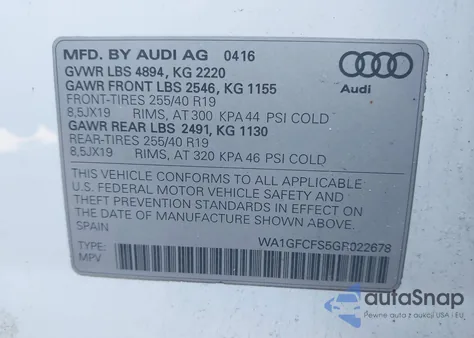2016 Audi Q3 2.0T Premium Plus z USA, uszkodzony, nr VIN WA1GFCFS5GR022678